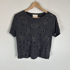 Alice + Olivia M Distressed Tee T-shirt Top Hole Sequin Gray Grunge Hippie Boho